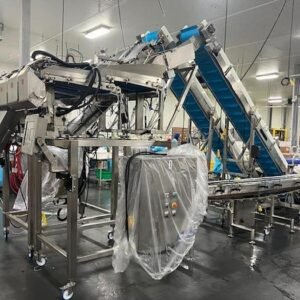 Complete System for Produce Filling Including (2) Weighpack Primolinear C-10 Two-Lane Linear Net Weighers with (2) Incline Infeed Conveyors and Floor Stands