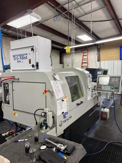 Hanwha XD32 II CNC Swiss Lathe, 2020 – Bar Feeder, Tri-Mist Collector, Chip Conveyor, Tooling